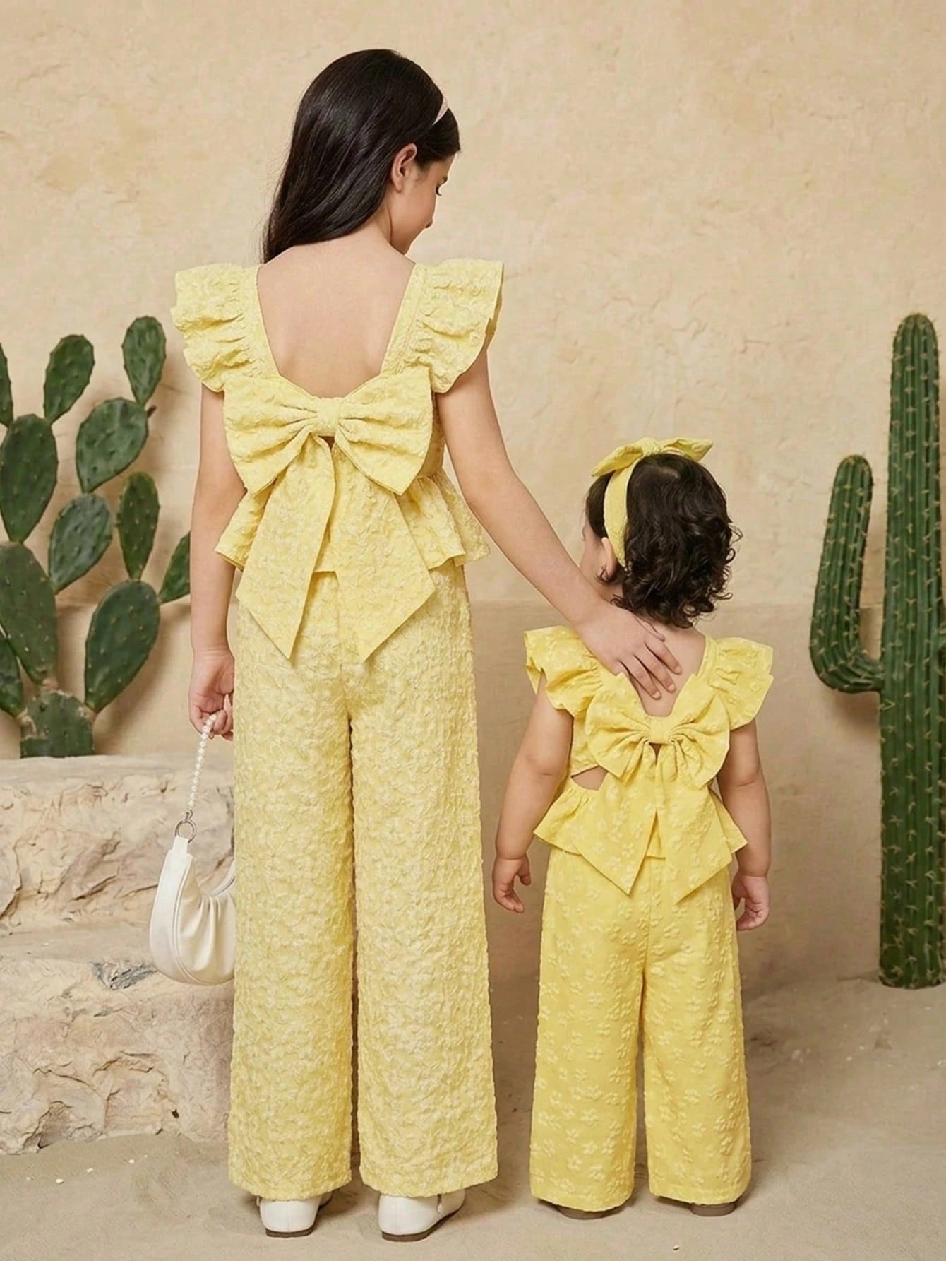 2pcs Girls Floral Jacquard Bow-Back Peplum Top & Wide-Leg Trousers ...