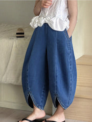 Little Girls Balloon-Leg Split-Hem Denim Trousers - Cobalt | 21 Cen...