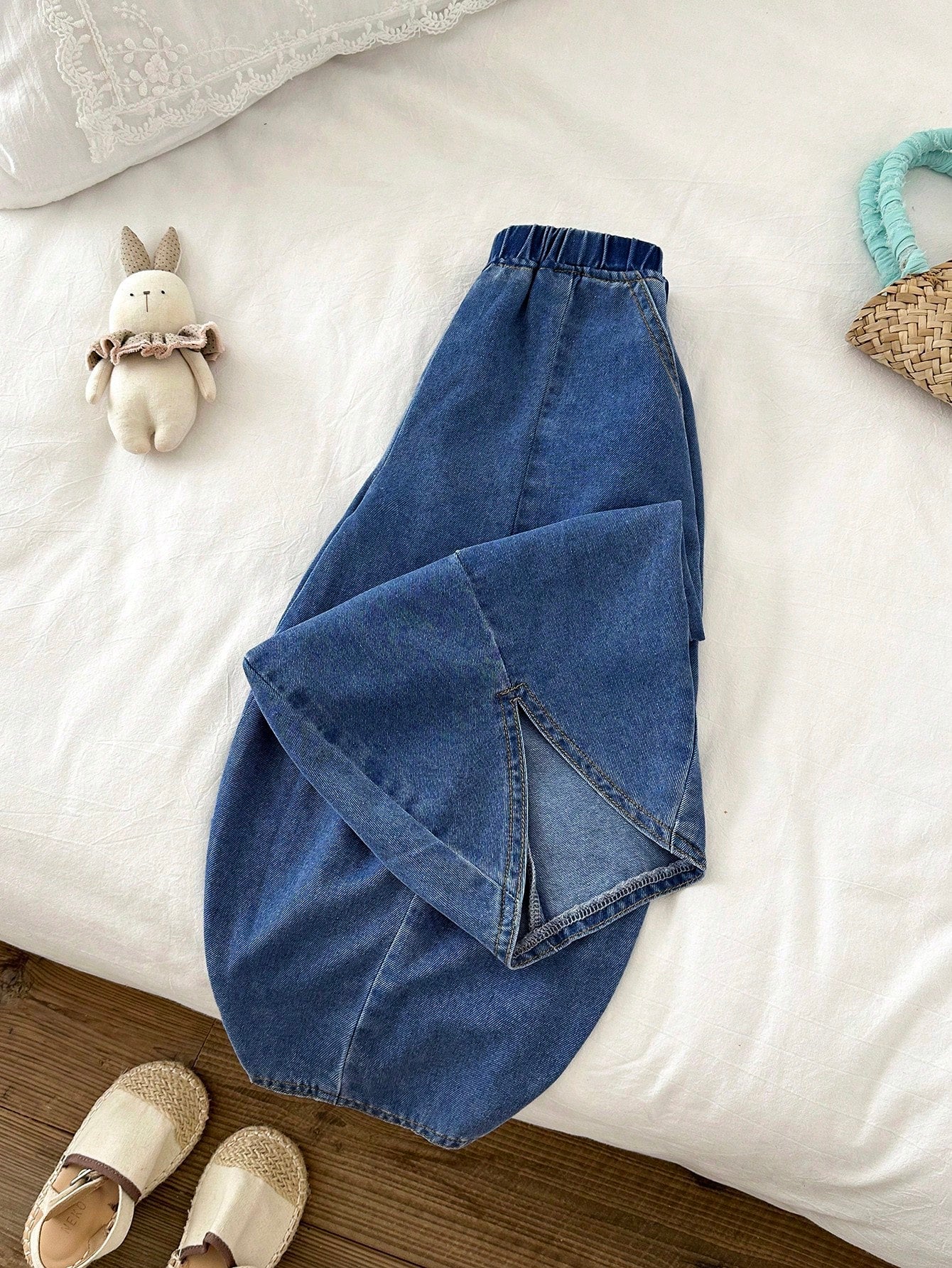 Little Girls Balloon-Leg Split-Hem Denim Trousers - Cobalt | 21 Cen...
