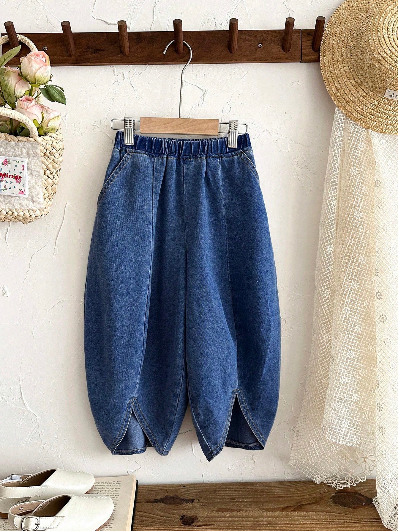 Little Girls Balloon-Leg Split-Hem Denim Trousers - Cobalt | 21 Cen...