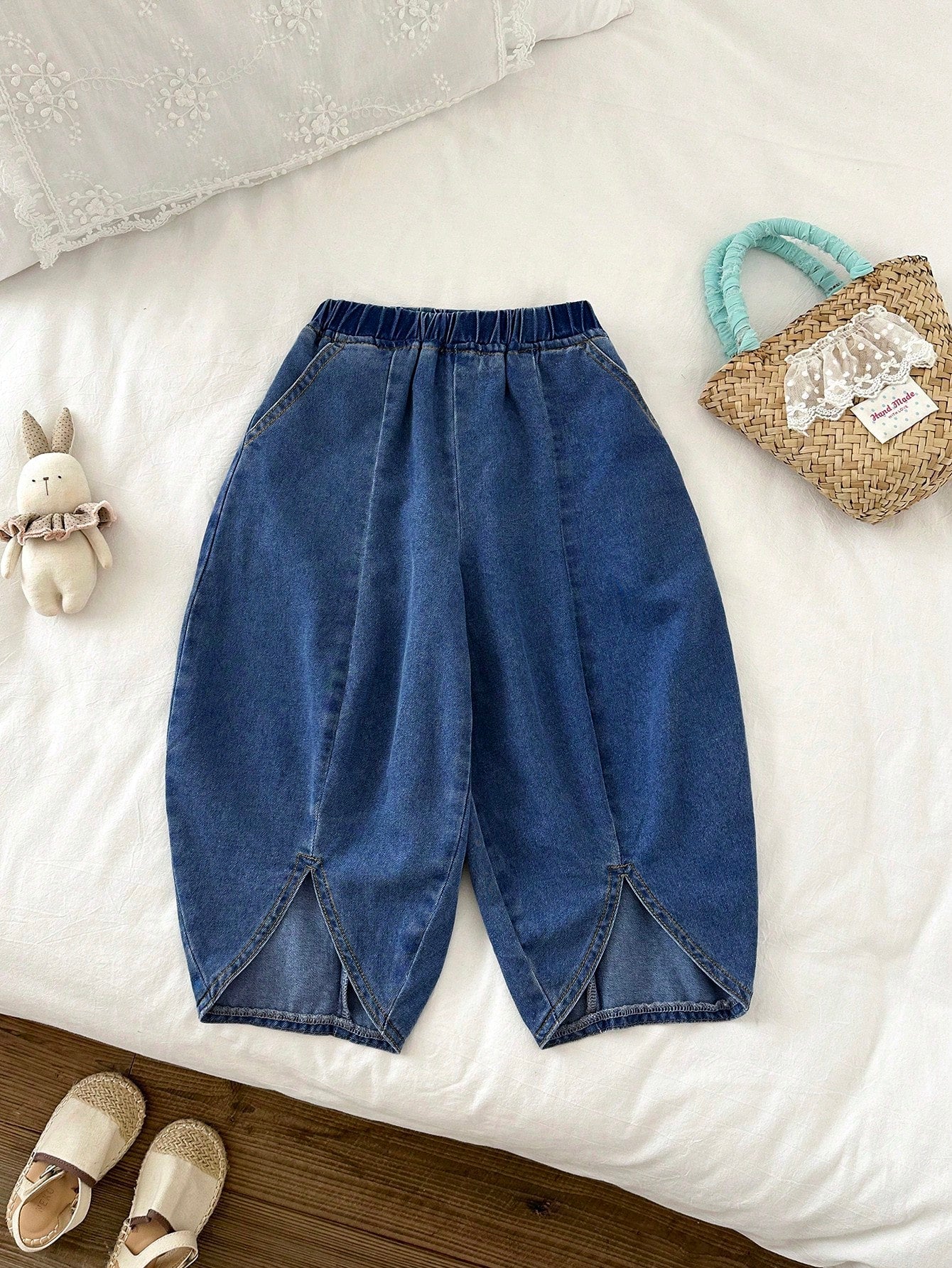 Little Girls Balloon-Leg Split-Hem Denim Trousers - Cobalt | 21 Cen...