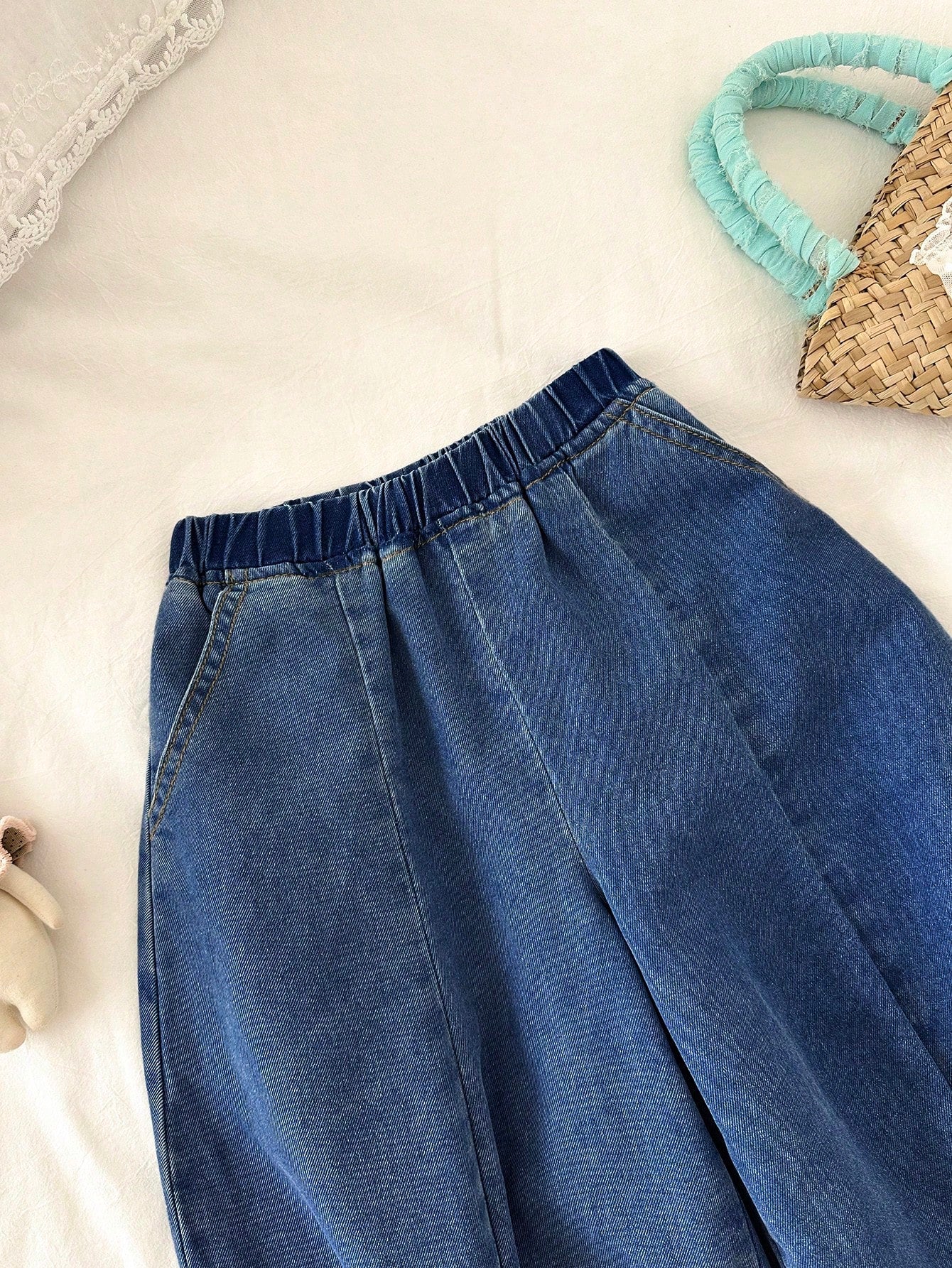 Little Girls Balloon-Leg Split-Hem Denim Trousers - Cobalt | 21 Cen...