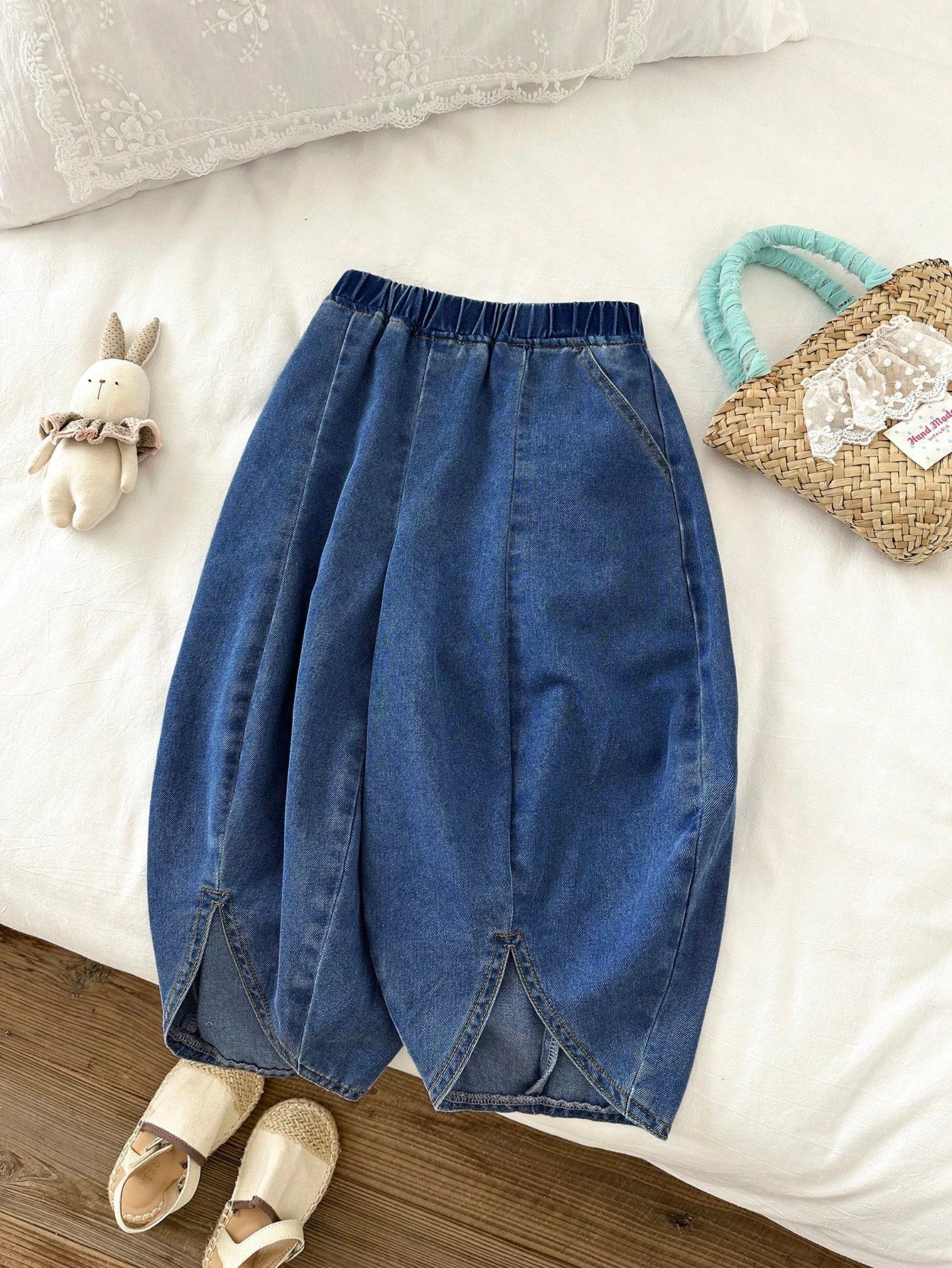 Little Girls Balloon-Leg Split-Hem Denim Trousers - Cobalt | 21 Cen...