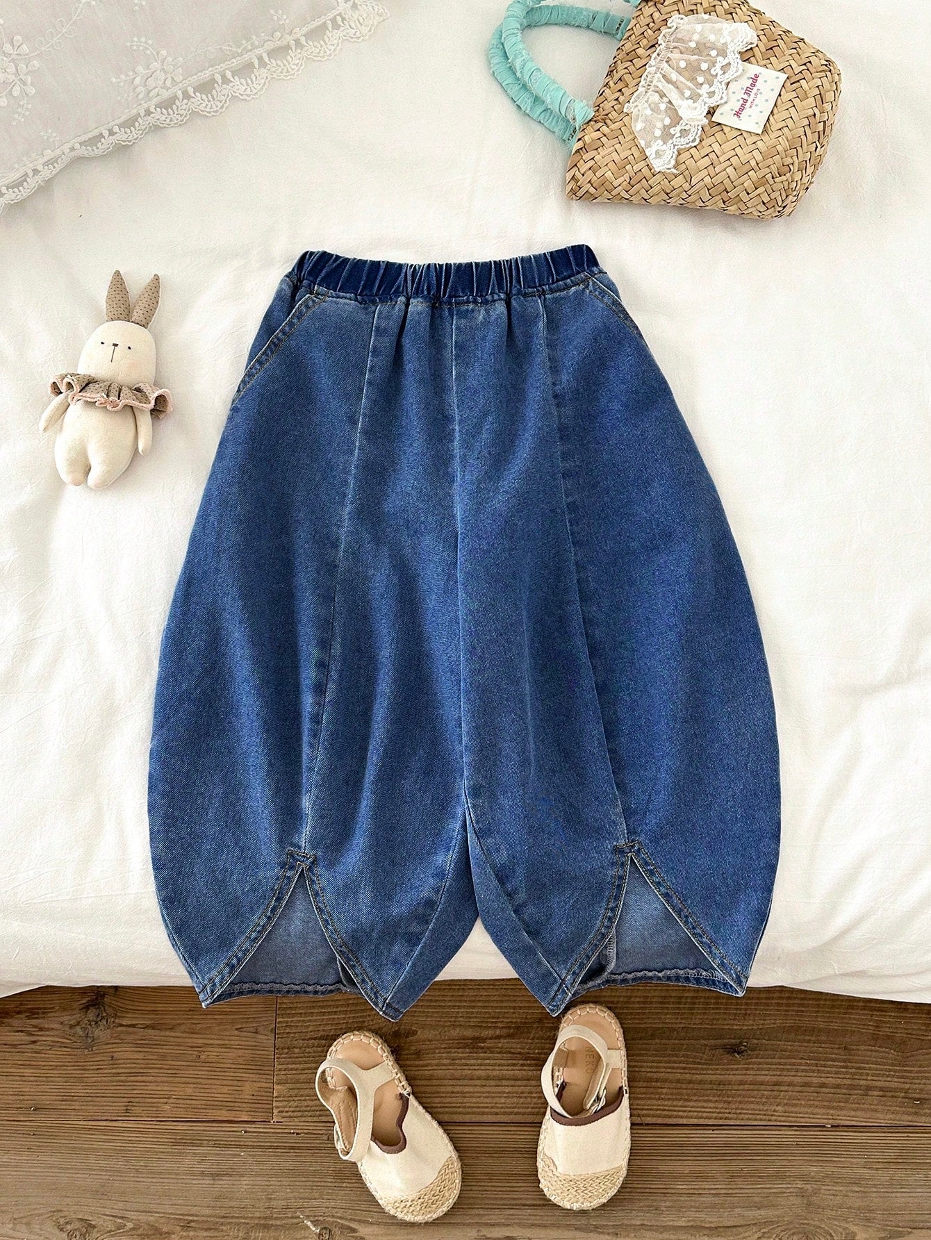 Little Girls Balloon-Leg Split-Hem Denim Trousers - Cobalt | 21 Cen...