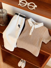 3pcs Boys Textured Polo Shirt & Trousers Set - Latte | 21 Century Kids