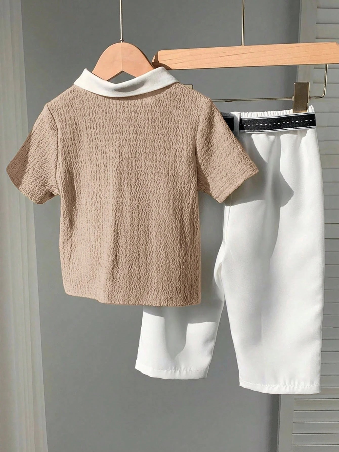 3pcs Boys Textured Polo Shirt & Trousers Set - Latte | 21 Century Kids