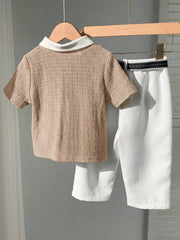 3pcs Boys Textured Polo Shirt & Trousers Set - Latte | 21 Century Kids