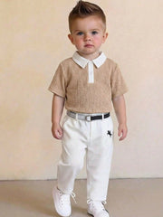 3pcs Boys Textured Polo Shirt & Trousers Set - Latte | 21 Century Kids