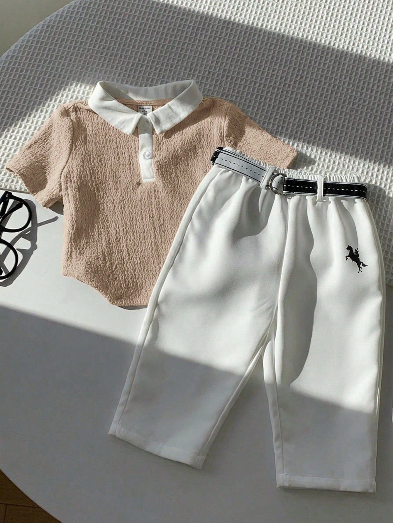 3pcs Boys Textured Polo Shirt & Trousers Set - Latte | 21 Century Kids