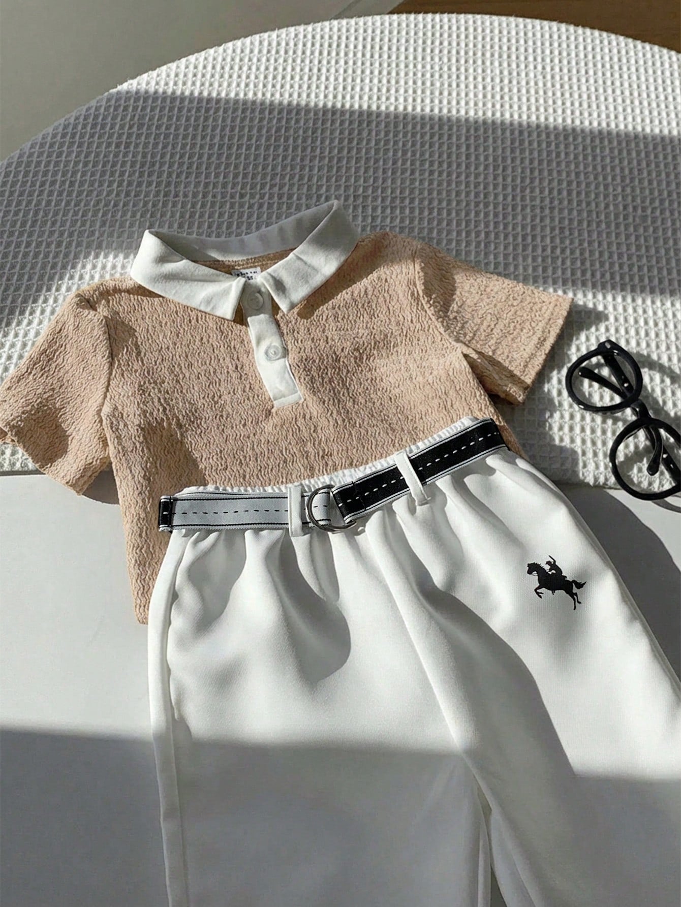 3pcs Boys Textured Polo Shirt & Trousers Set - Latte | 21 Century Kids
