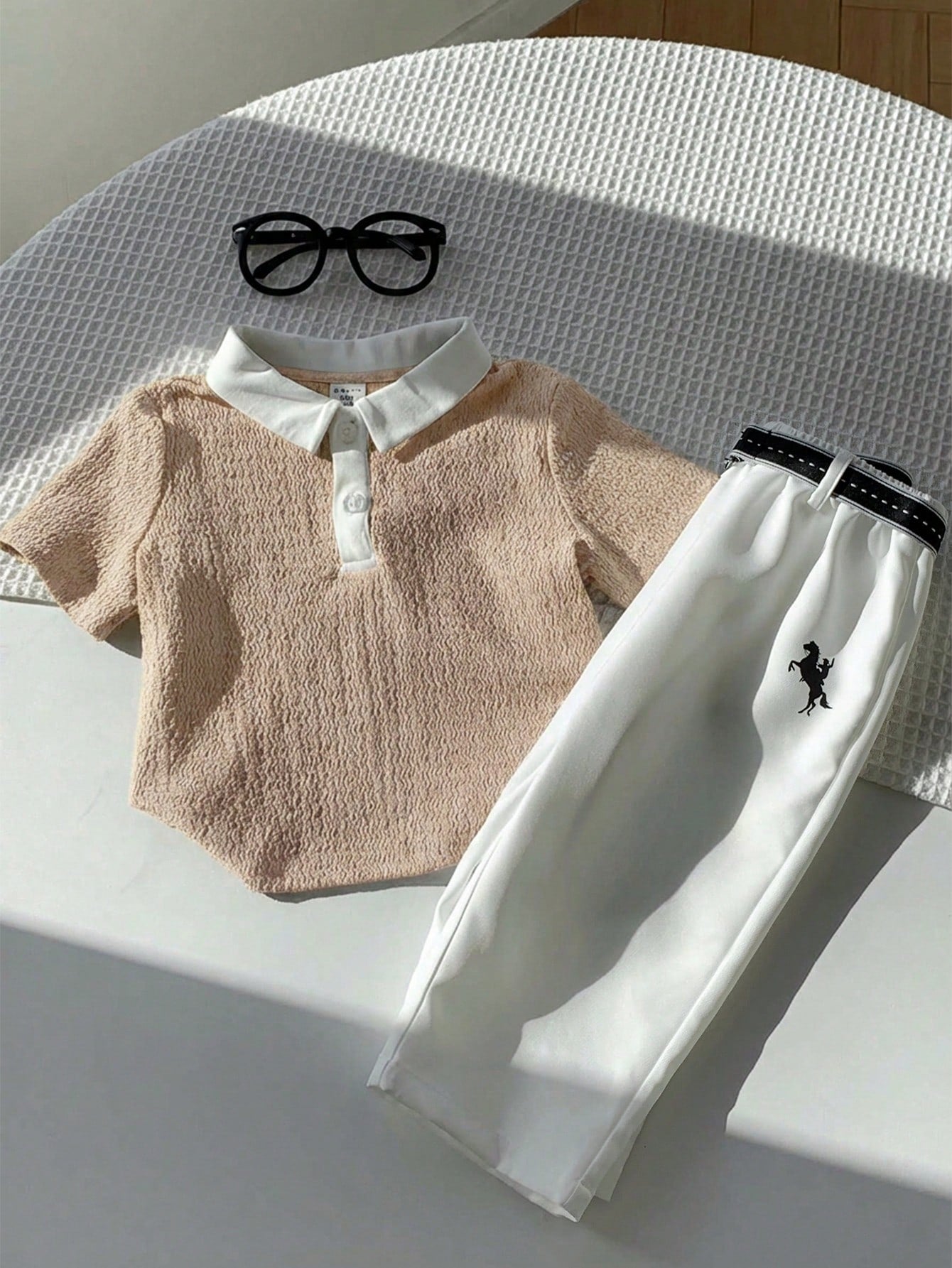 3pcs Boys Textured Polo Shirt & Trousers Set - Latte | 21 Century Kids