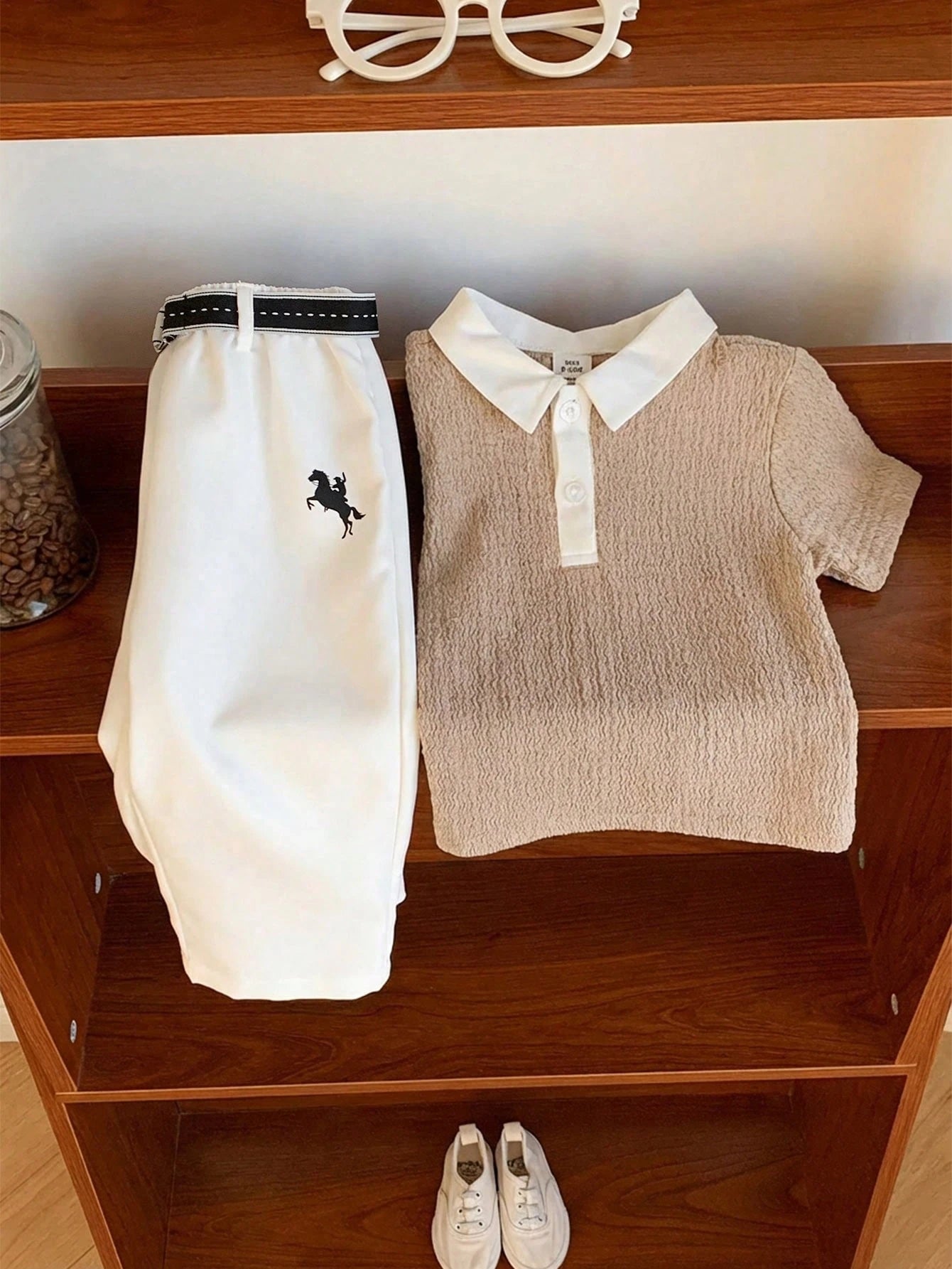 3pcs Boys Textured Polo Shirt & Trousers Set - Latte | 21 Century Kids