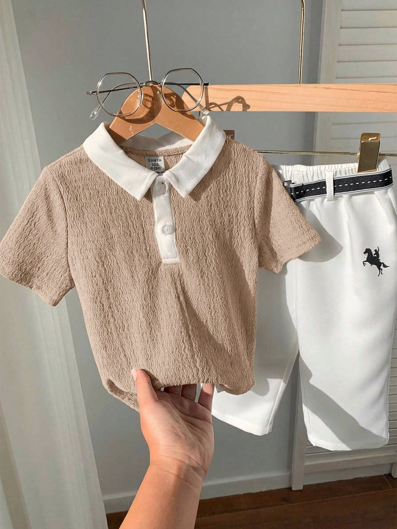 3pcs Boys Textured Polo Shirt & Trousers Set - Latte | 21 Century Kids
