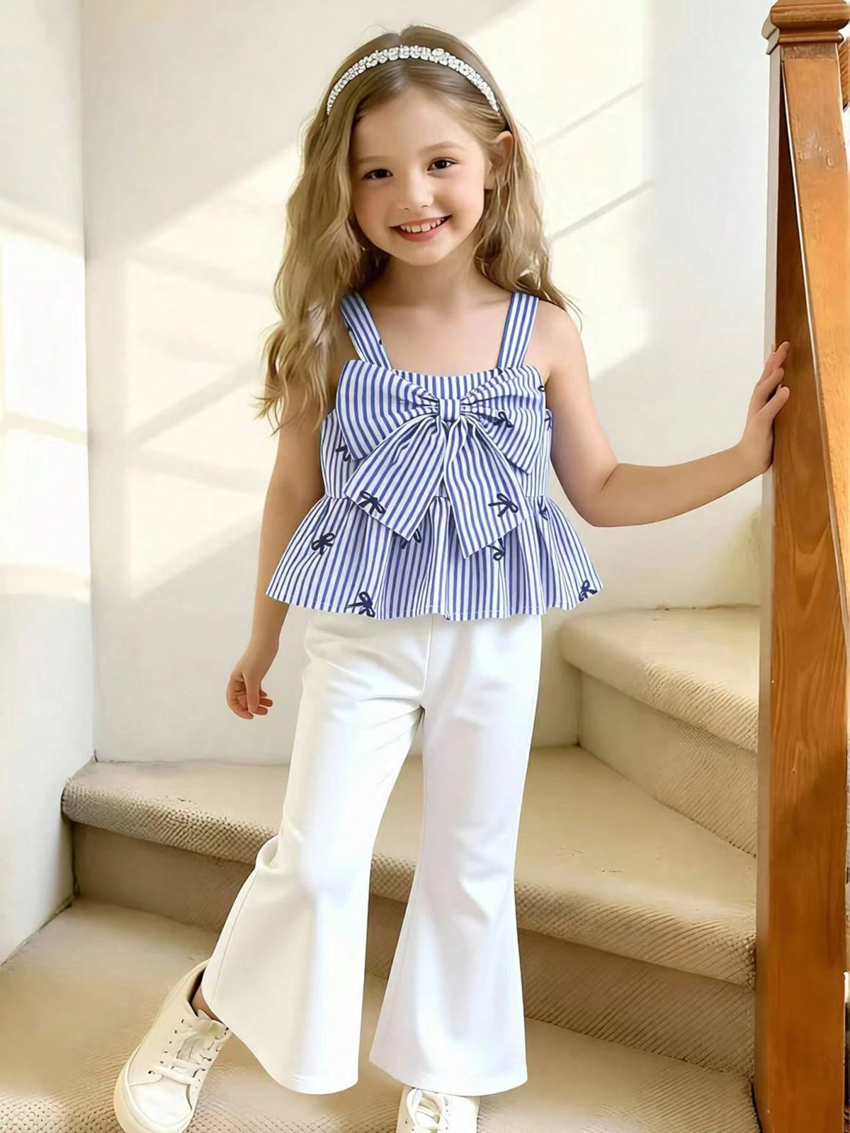 2pcs Little Girls Bow-Print Peplum Camisole & Flared Pants Set - Pe...