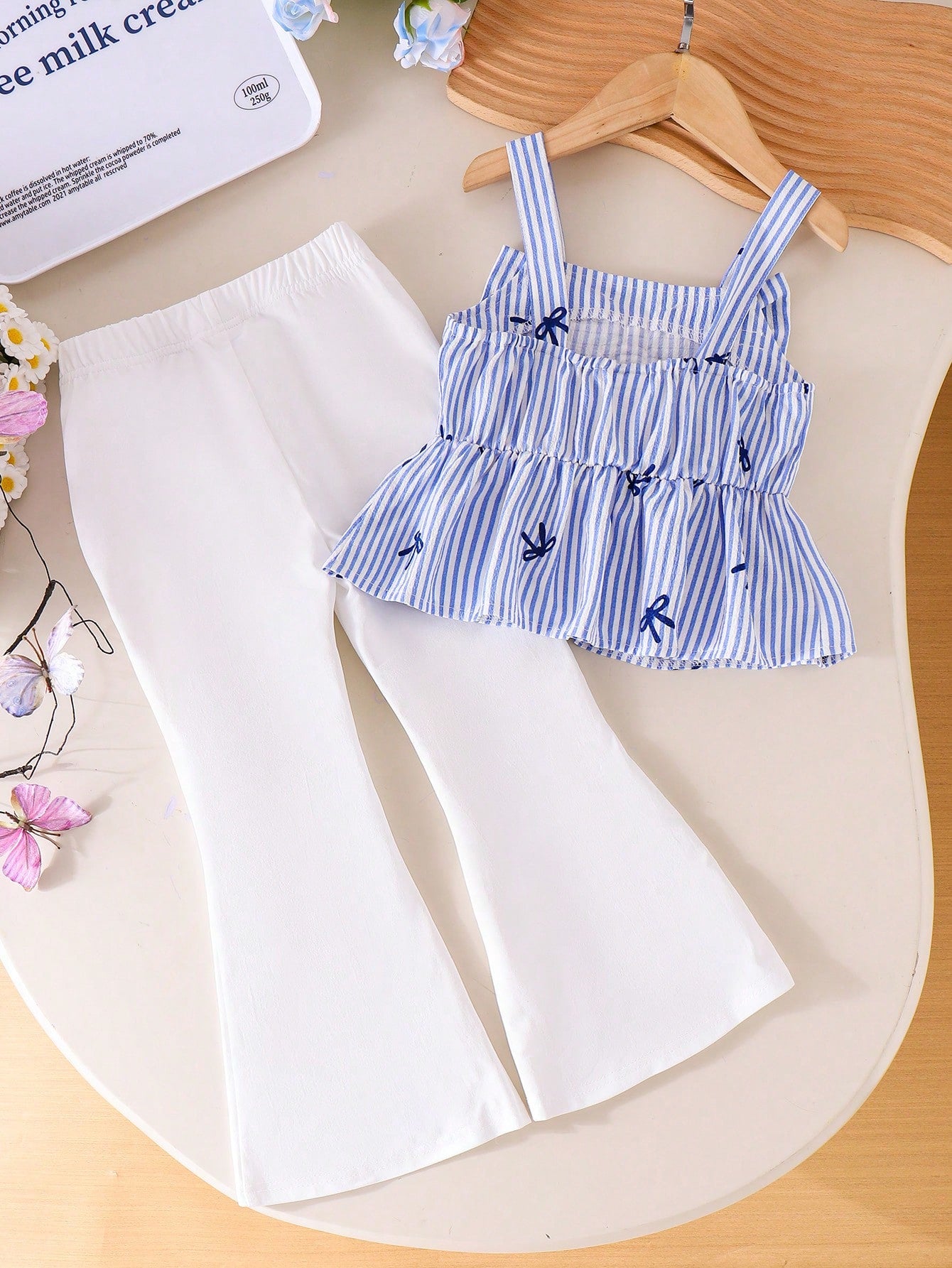 2pcs Little Girls Bow-Print Peplum Camisole & Flared Pants Set - Pe...