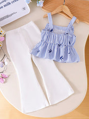 2pcs Little Girls Bow-Print Peplum Camisole & Flared Pants Set - Pe...