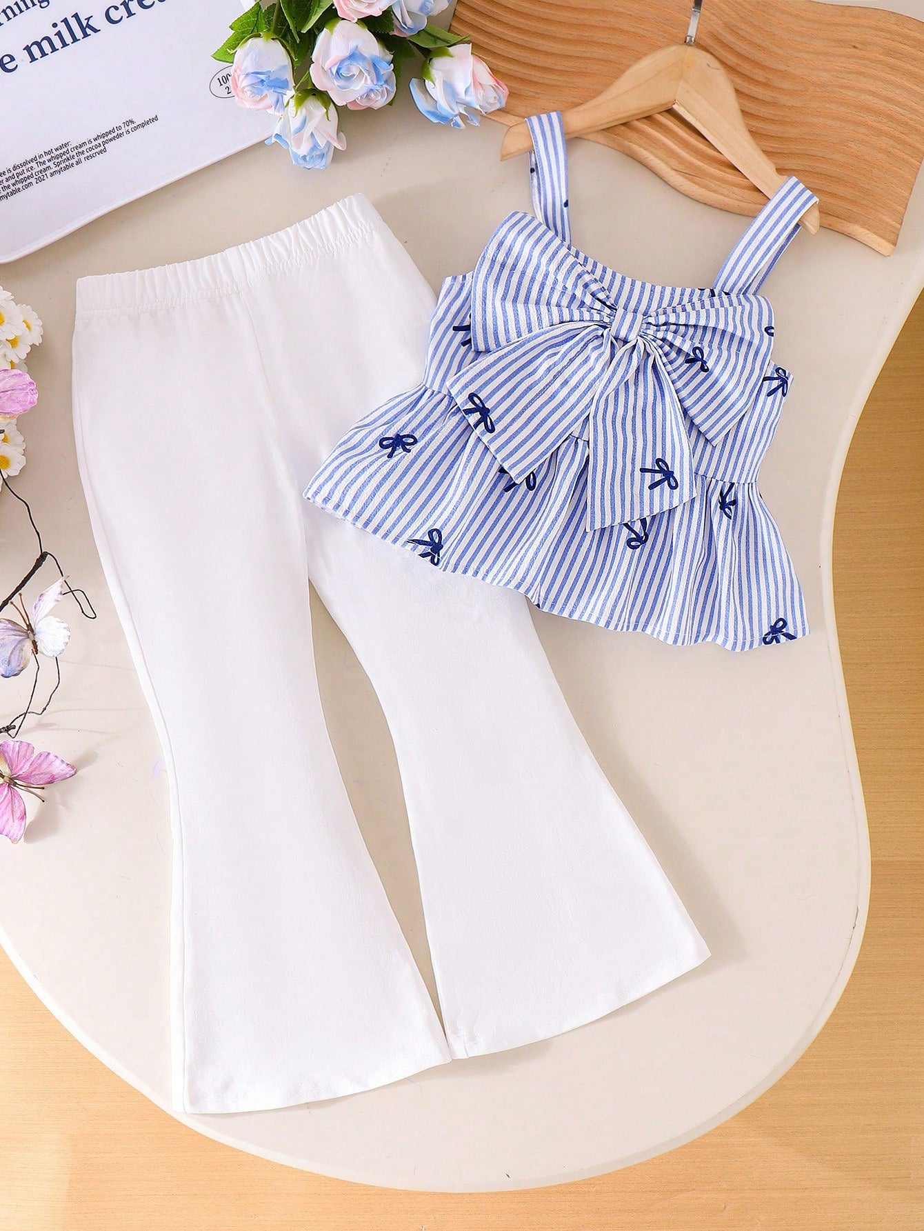 2pcs Little Girls Bow-Print Peplum Camisole & Flared Pants Set - Pe...