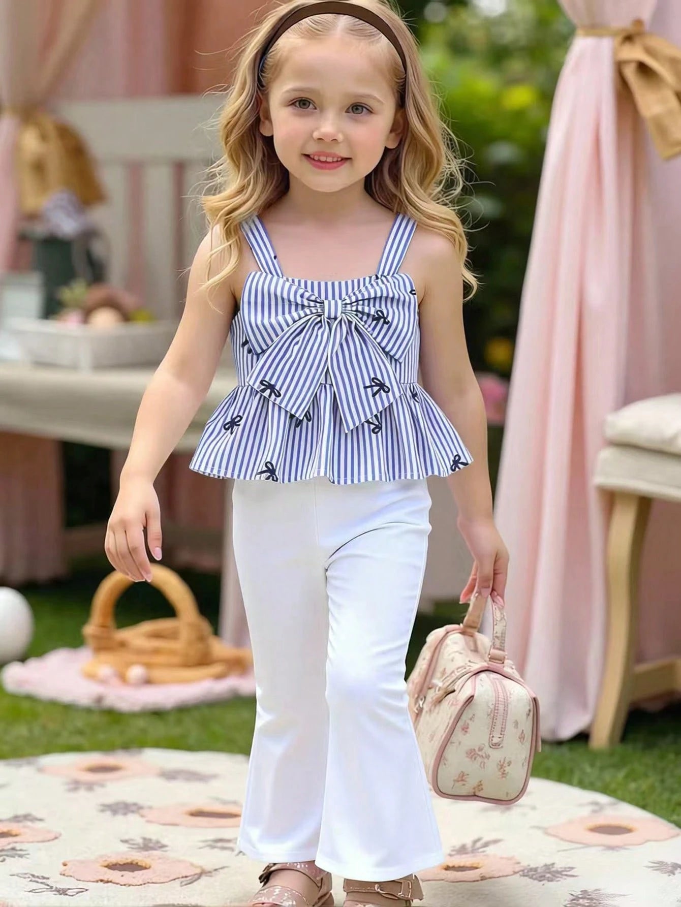 2pcs Little Girls Bow-Print Peplum Camisole & Flared Pants Set - Pe...