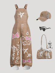 Big Girls Graffiti Cat Print Wide-Leg Dungaree - Latte | 21 Century...