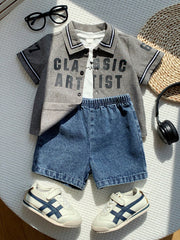 2pcs Boys Classic Artist Varsity Jacket & Denim Shorts Set - Griege