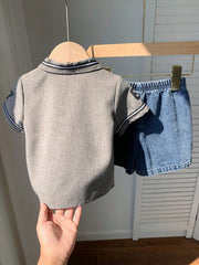 2pcs Boys Classic Artist Varsity Jacket & Denim Shorts Set - Griege