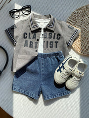 2pcs Boys Classic Artist Varsity Jacket & Denim Shorts Set - Griege