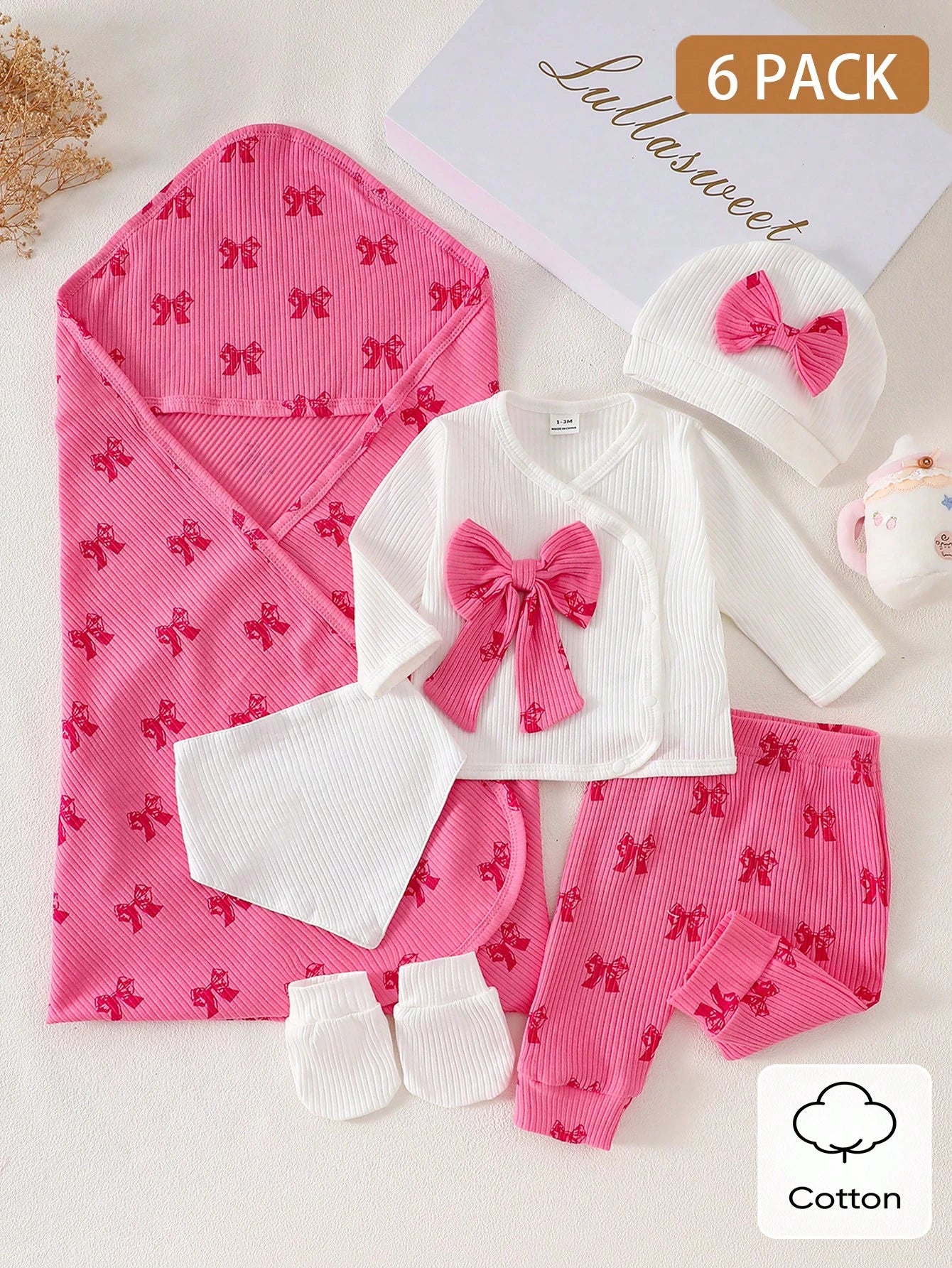 6pcs Baby Girls Bow Print Ribbed Top & Pants Gift Set - Cerise | 21...