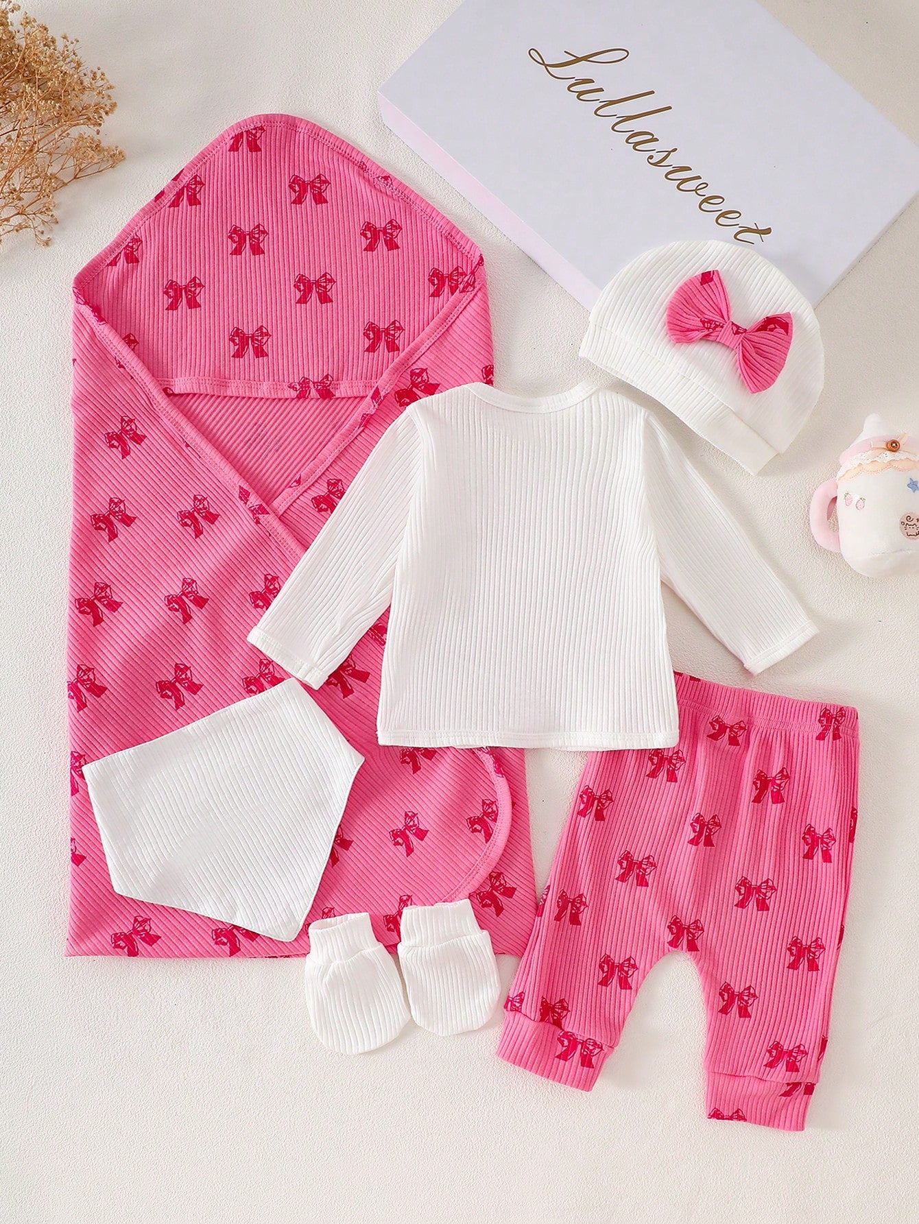 6pcs Baby Girls Bow Print Ribbed Top & Pants Gift Set - Cerise | 21...