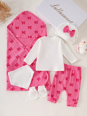 6pcs Baby Girls Bow Print Ribbed Top & Pants Gift Set - Cerise | 21...