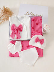 6pcs Baby Girls Bow Print Ribbed Top & Pants Gift Set - Cerise | 21...