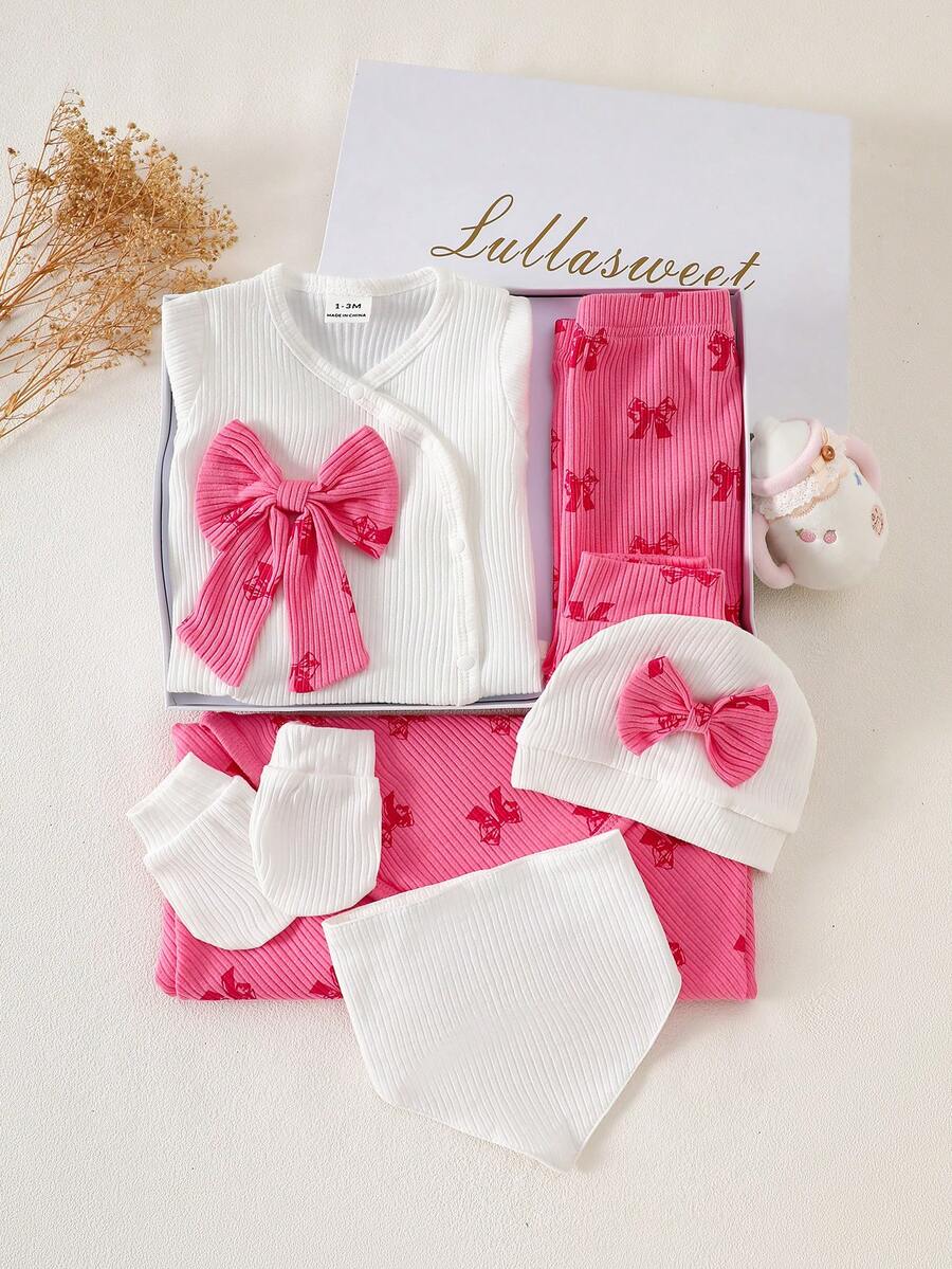 6pcs Baby Girls Bow Print Ribbed Top & Pants Gift Set - Cerise | 21...