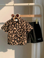 2pcs Little Boys Leopard Print Shirt & Shorts Set - Latte