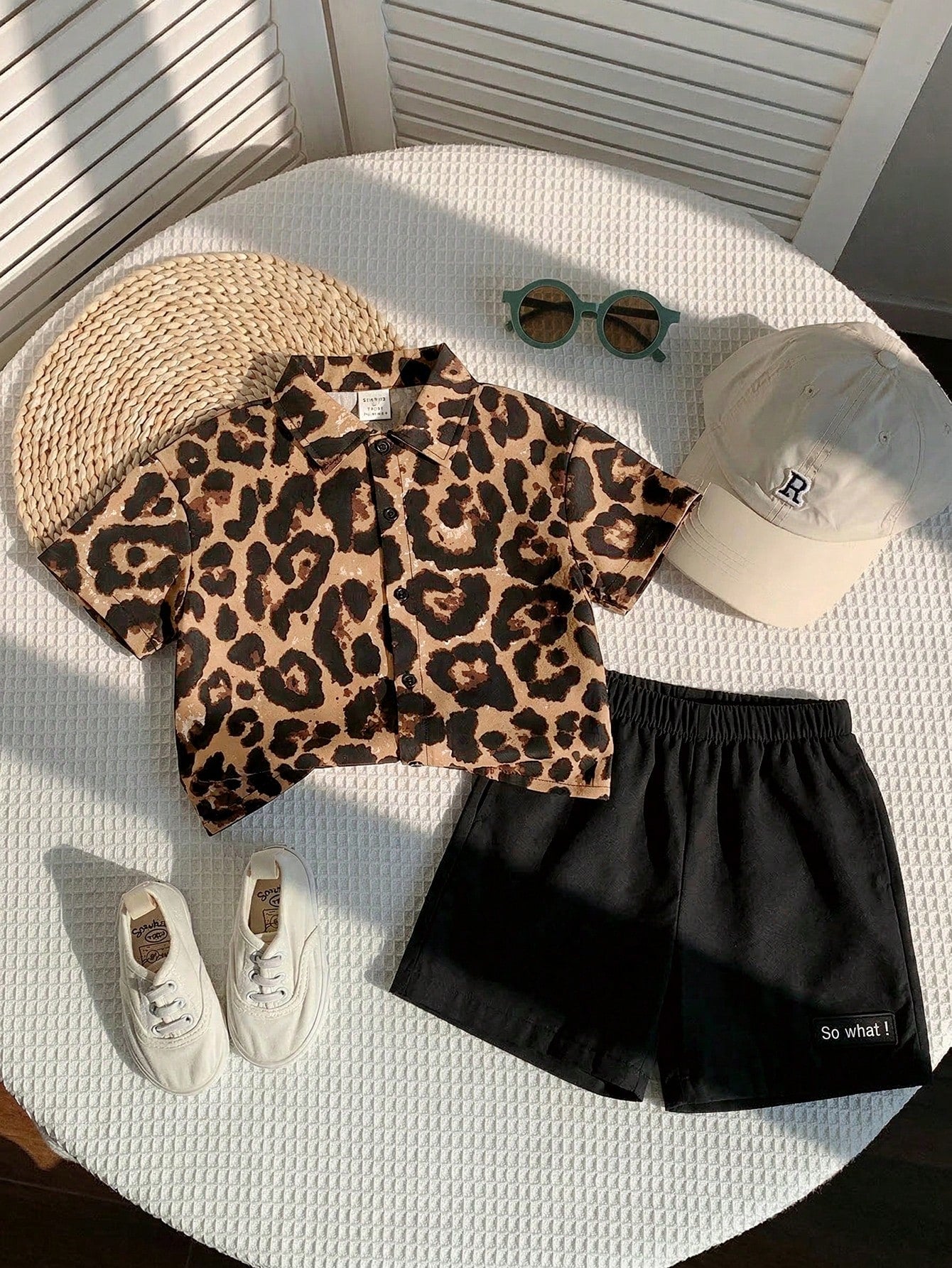 2pcs Little Boys Leopard Print Shirt & Shorts Set - Latte