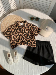 2pcs Little Boys Leopard Print Shirt & Shorts Set - Latte
