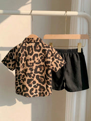 2pcs Little Boys Leopard Print Shirt & Shorts Set - Latte
