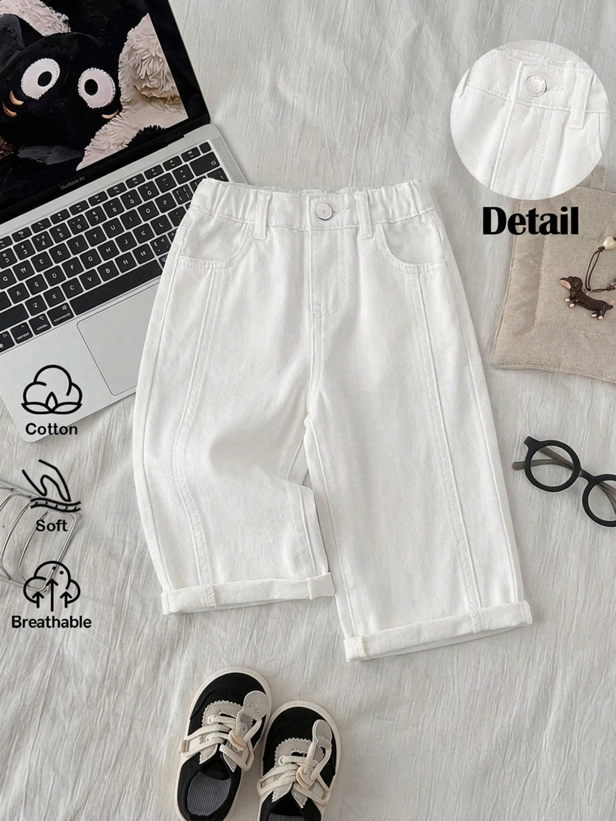 Boys Wide-Leg Cuffed Denim Bermuda Shorts - Ivory | 21 Century Kids