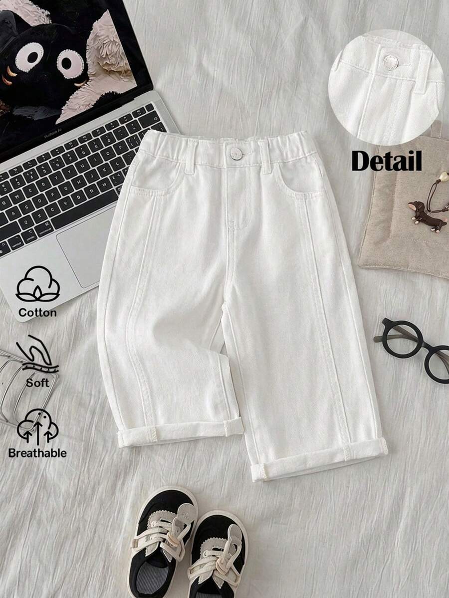 Boys Wide-Leg Cuffed Denim Bermuda Shorts - Ivory | 21 Century Kids