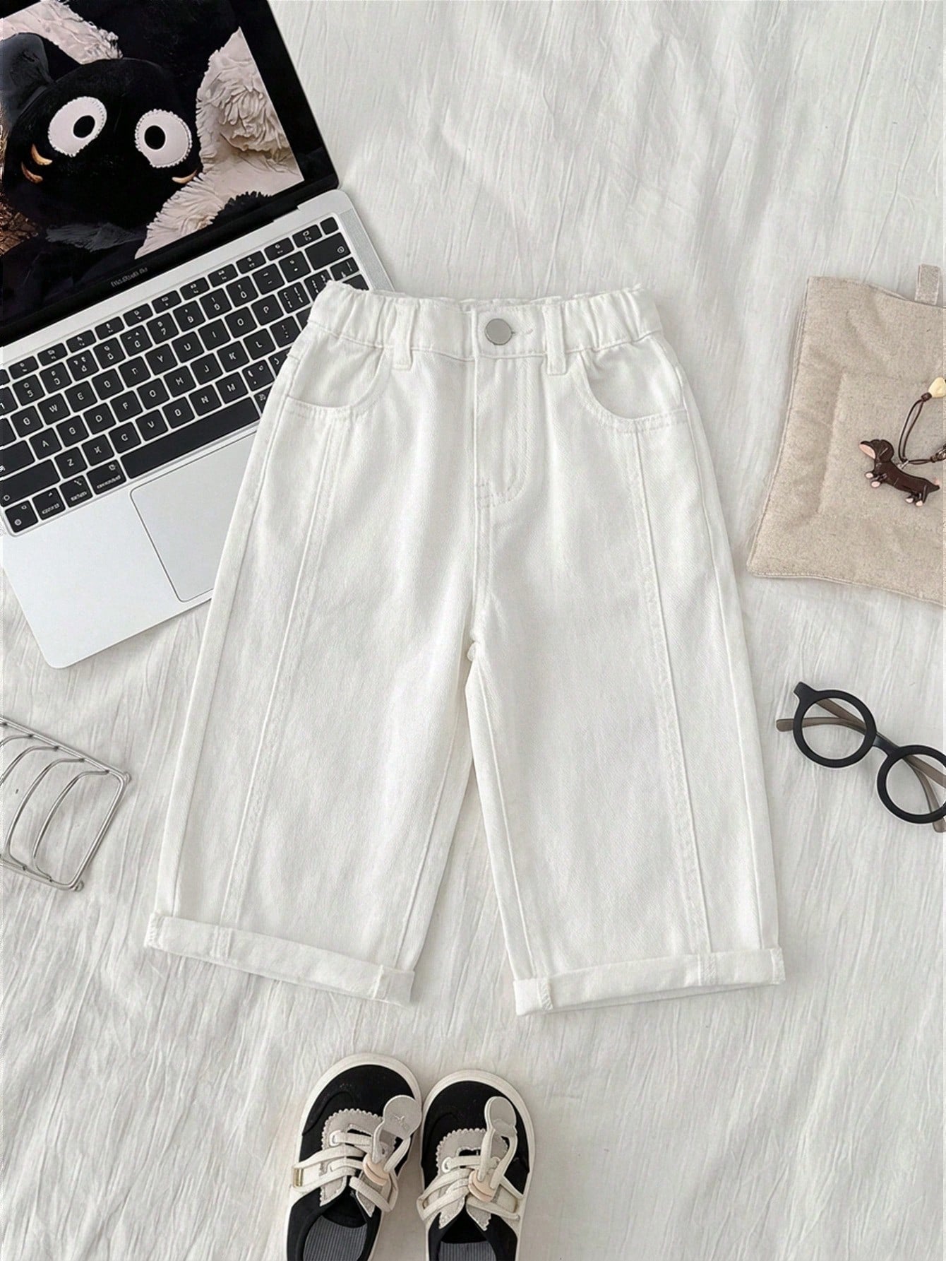 Boys Wide-Leg Cuffed Denim Bermuda Shorts - Ivory | 21 Century Kids