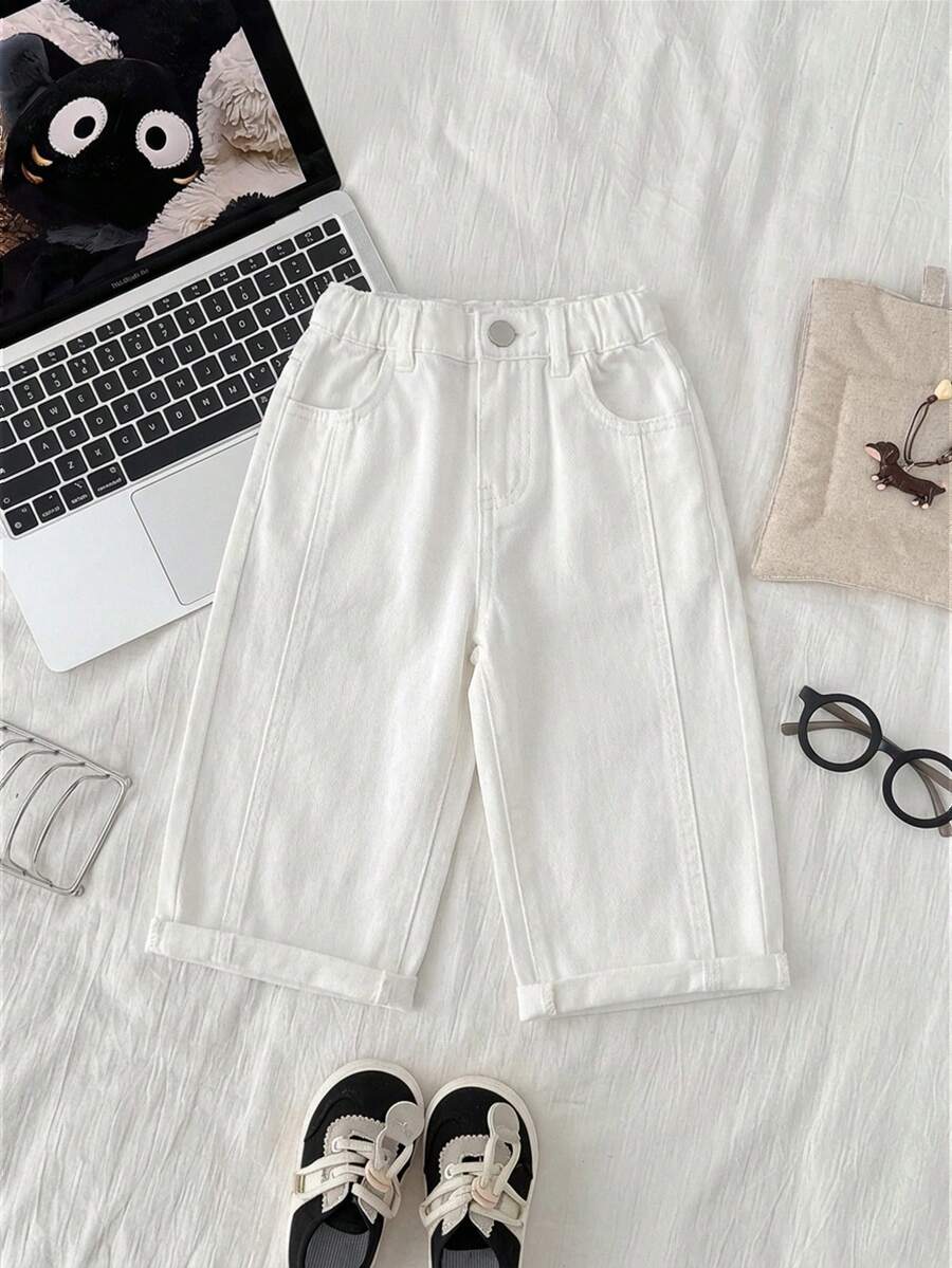 Boys Wide-Leg Cuffed Denim Bermuda Shorts - Ivory | 21 Century Kids