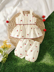 2pcs Baby Girls Cherry Embroidered Cami Top & Bloomer Shorts Set - ...
