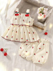 2pcs Baby Girls Cherry Embroidered Cami Top & Bloomer Shorts Set - ...