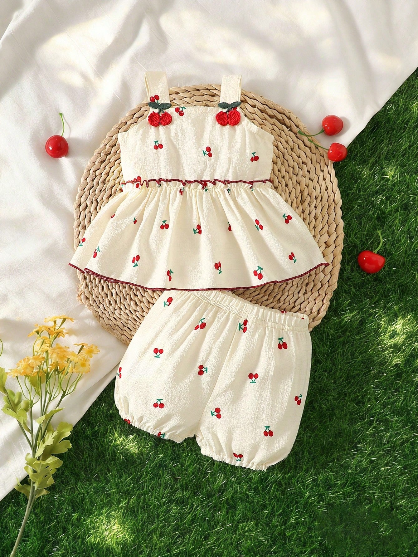 2pcs Baby Girls Cherry Embroidered Cami Top & Bloomer Shorts Set - ...