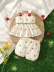 2pcs Baby Girls Cherry Embroidered Cami Top & Bloomer Shorts Set - ...