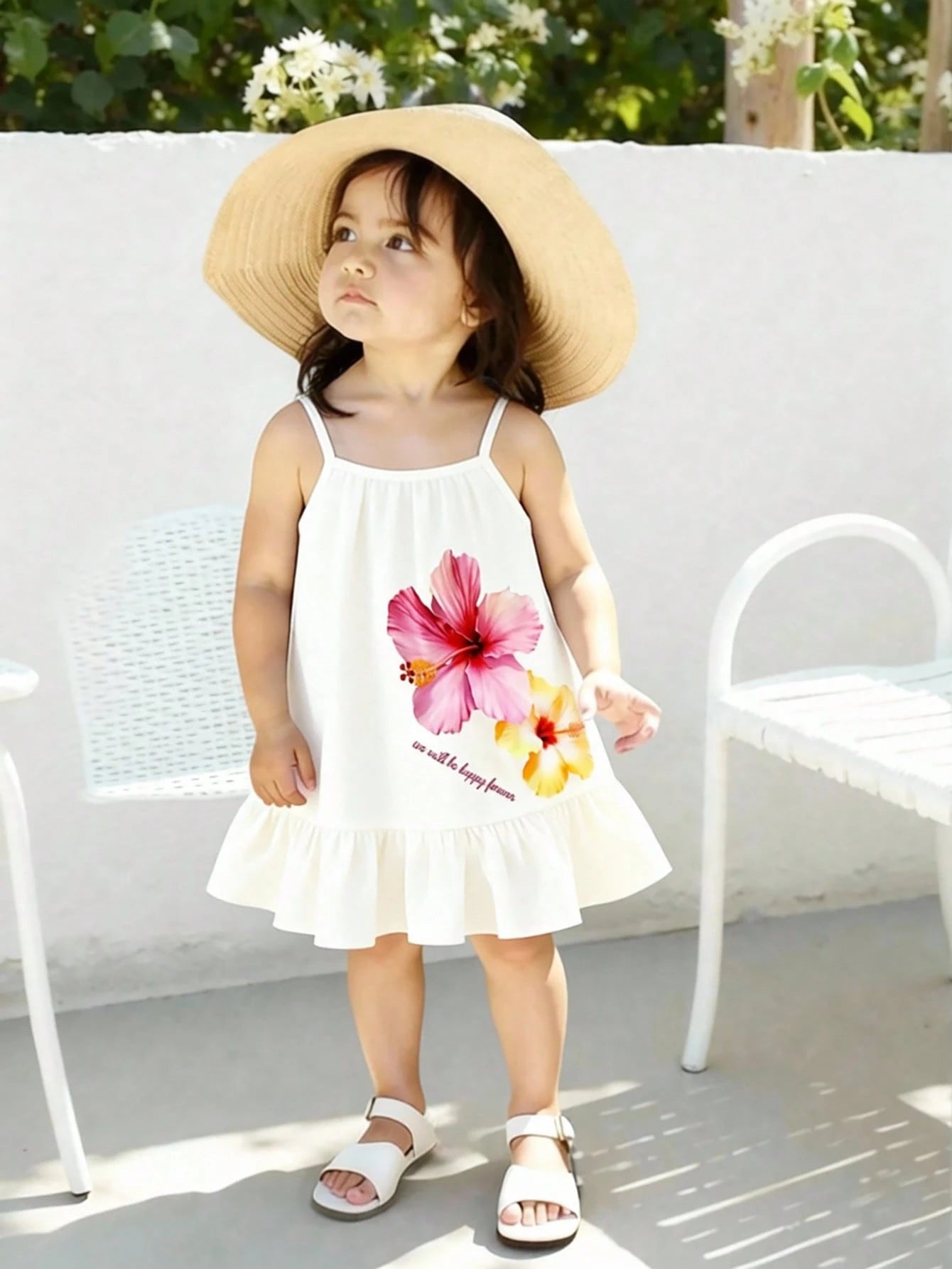 Girls Hibiscus Print Ruffle Hem Cami Dress - Ivory