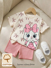 2pcs Girls Bow Print Tee & Shorts Set - Isabelline