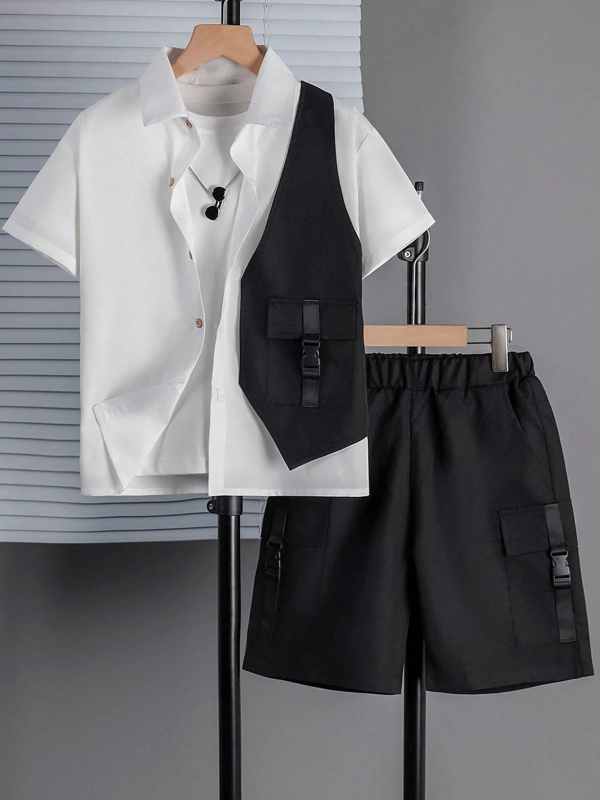 2pcs Big Boys Collared Shirt & Shorts Set - Ivory