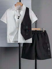 2pcs Big Boys Collared Shirt & Shorts Set - Ivory