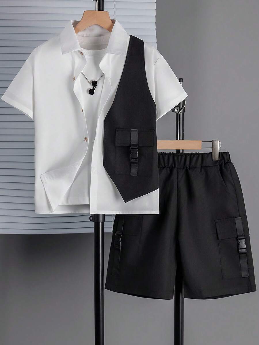 2pcs Big Boys Collared Shirt & Shorts Set - Ivory