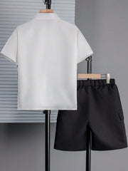 2pcs Big Boys Collared Shirt & Shorts Set - Ivory