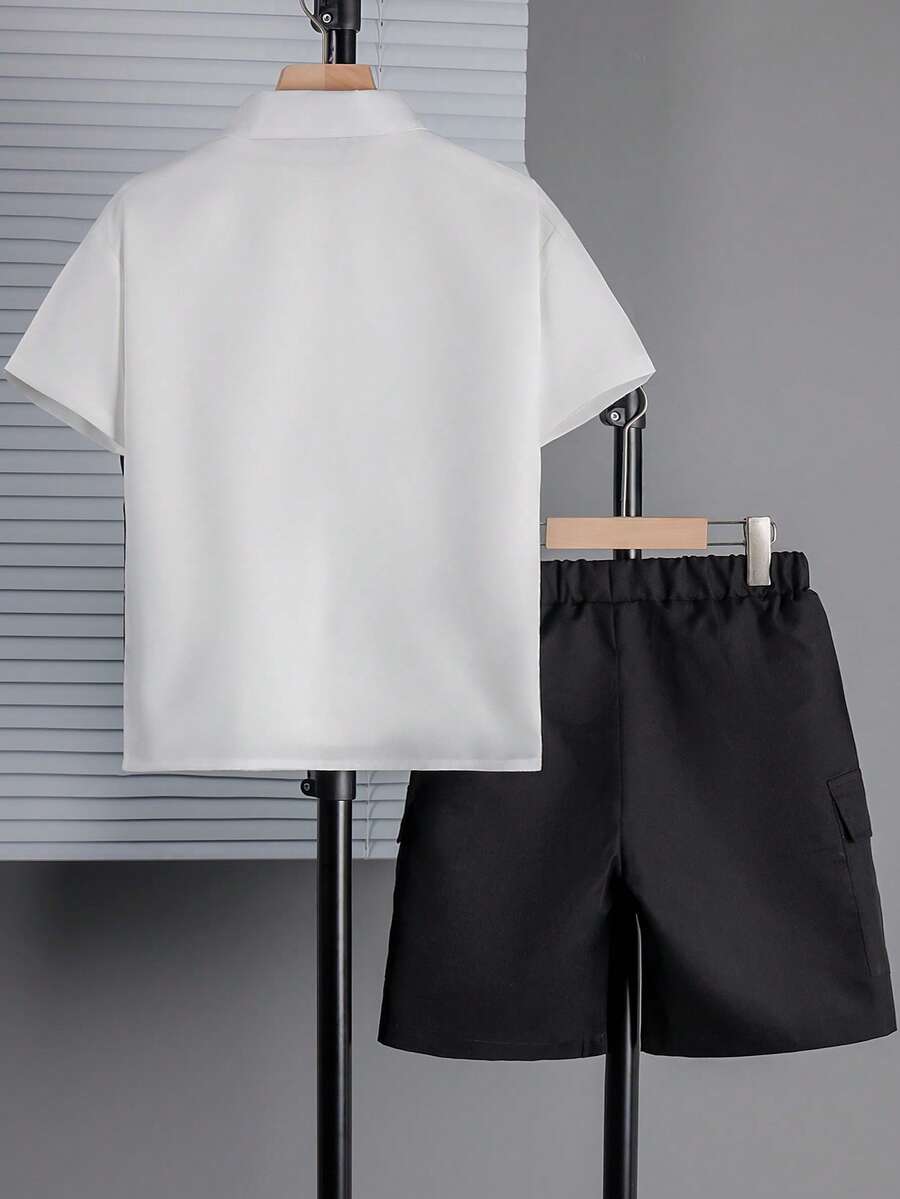 2pcs Big Boys Collared Shirt & Shorts Set - Ivory